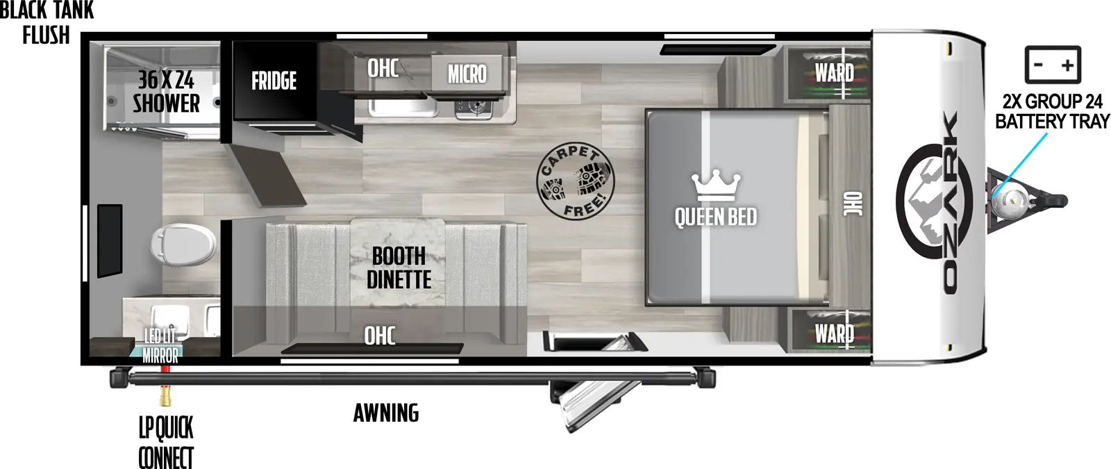 The Ozark 1660RB floorplan has one entry and zero slide outs. Exterior features include: metal exterior and 12' awning. Interiors features include: front bedroom and rear bathroom.